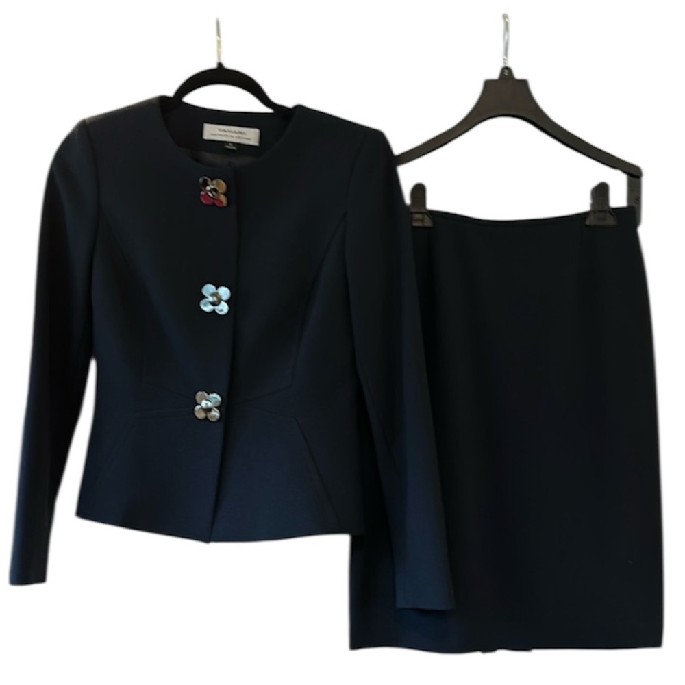 Tahari ASL Black Two-Piece Skirt Suit with Floral Buttons